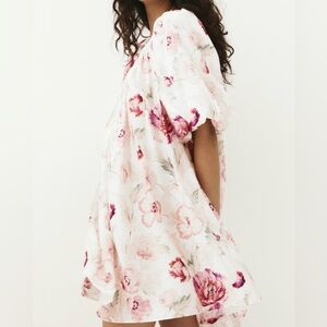 NWT H&M Cream/Pink Floral Balloon-Sleeved Tunic Dress | Size L